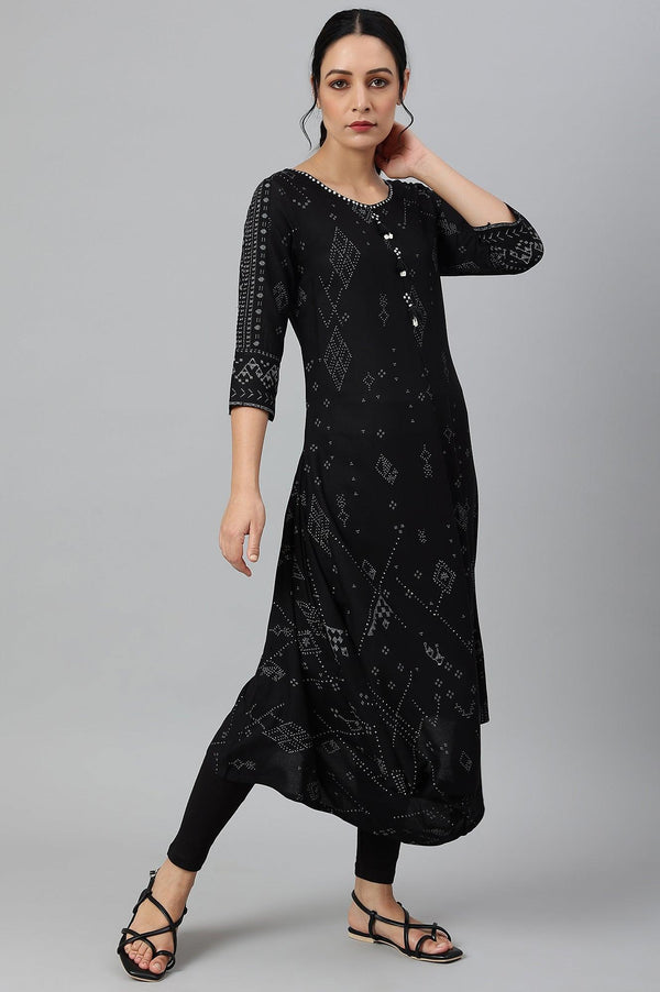 Black Printed A-Line kurta With Cowl Hemline