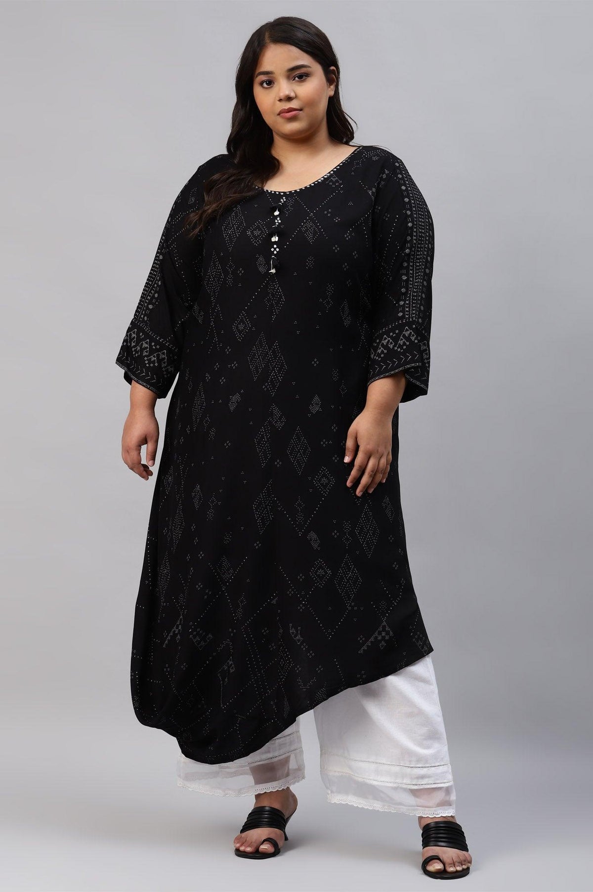 Plus Size Black Printed A-Line kurta With Cowl Hemline - XS