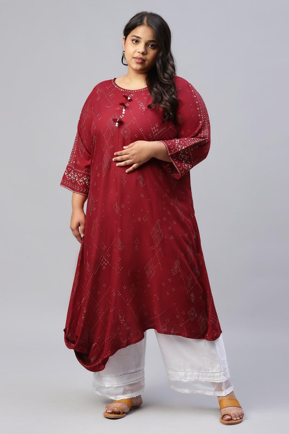 Plus Size Maroon Cowl Hemline kurta With Shell Detail - 4XL