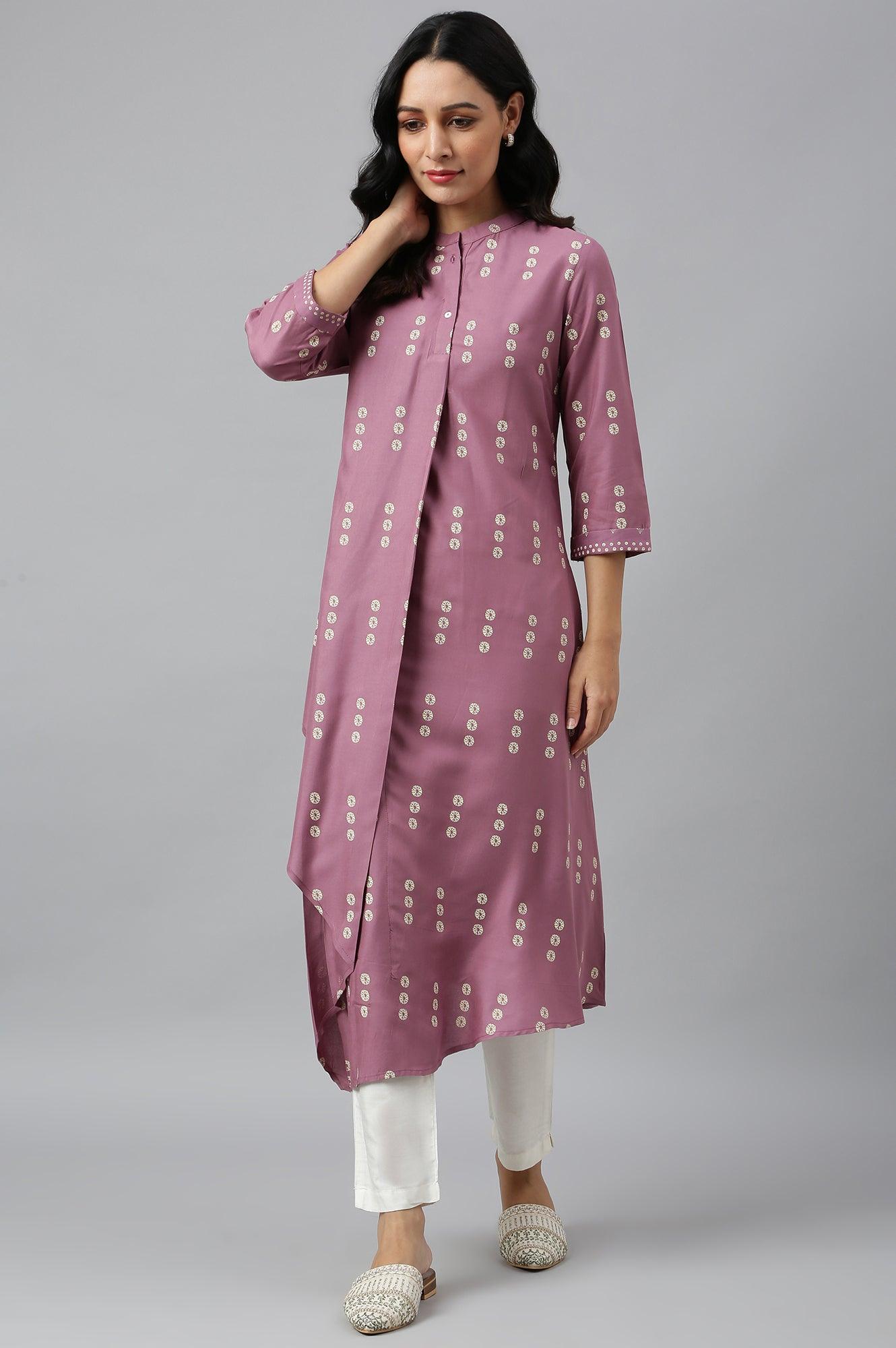 Purple Asymmetric Hemline kurta In Mandarin Collar - wforwoman