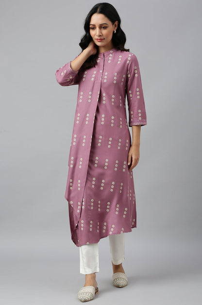 Purple Asymmetric Hemline kurta In Mandarin Collar - wforwoman