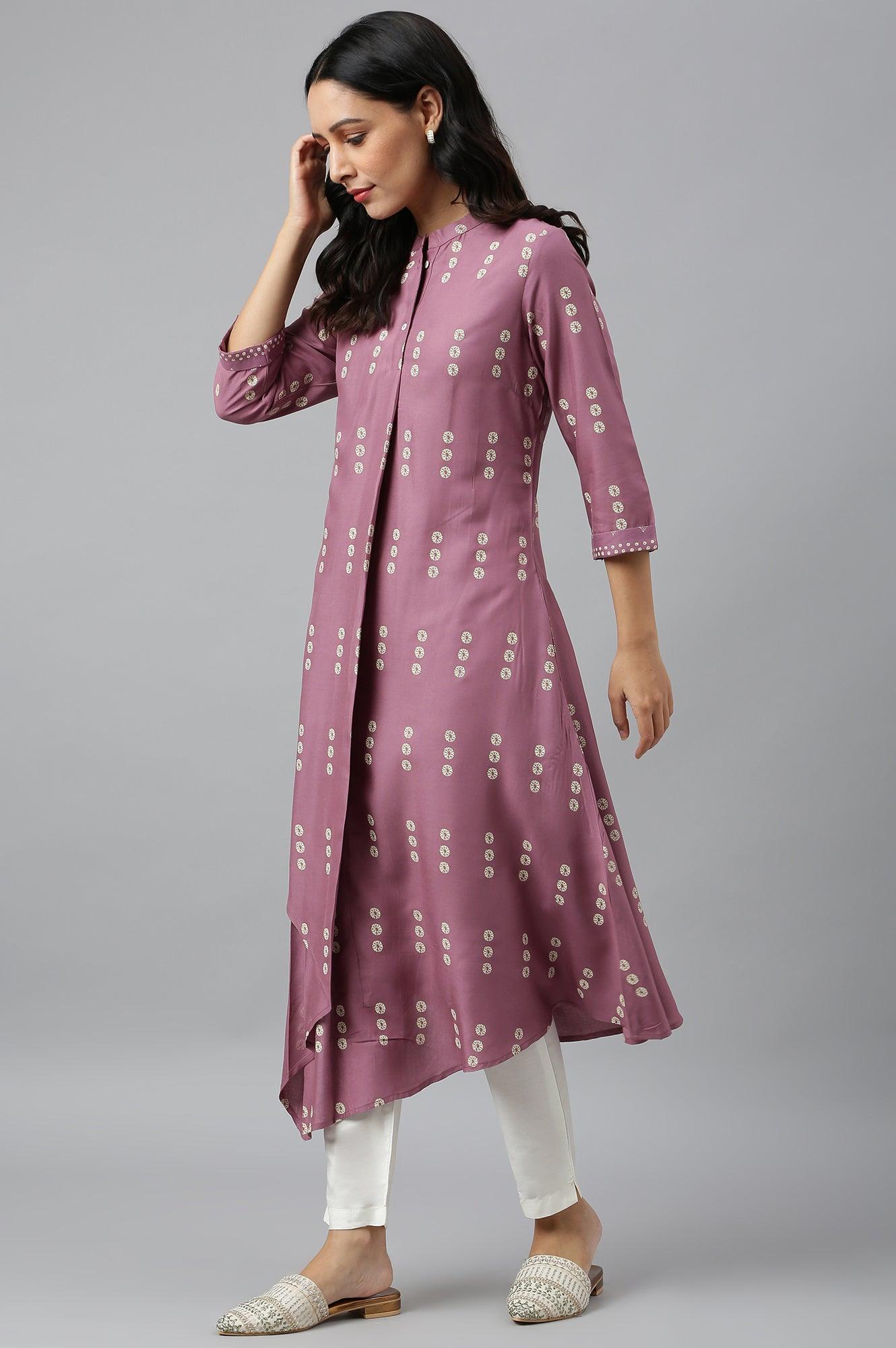 Purple Asymmetric Hemline kurta In Mandarin Collar - wforwoman