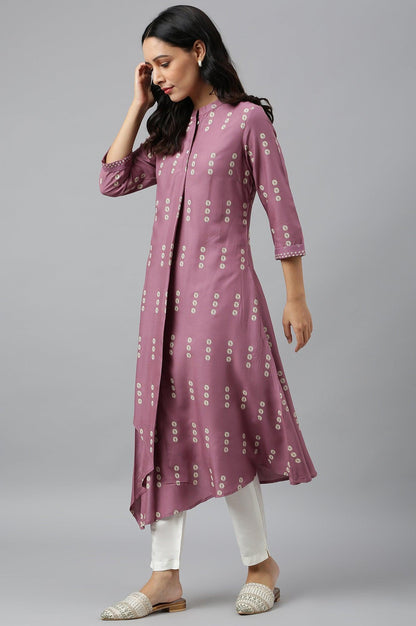 Purple Asymmetric Hemline kurta In Mandarin Collar - wforwoman