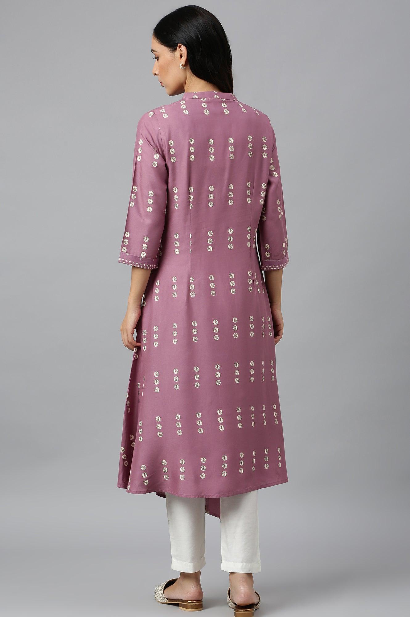 Purple Asymmetric Hemline kurta In Mandarin Collar - wforwoman