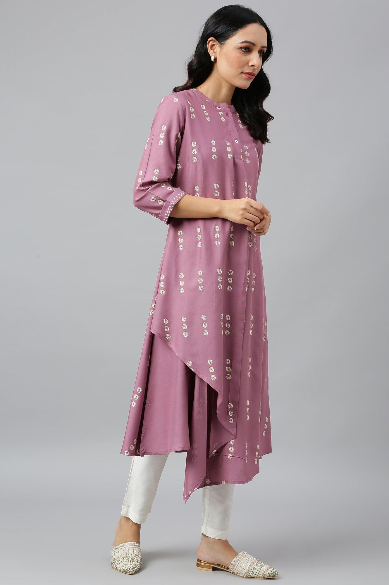 Purple Asymmetric Hemline kurta In Mandarin Collar - wforwoman