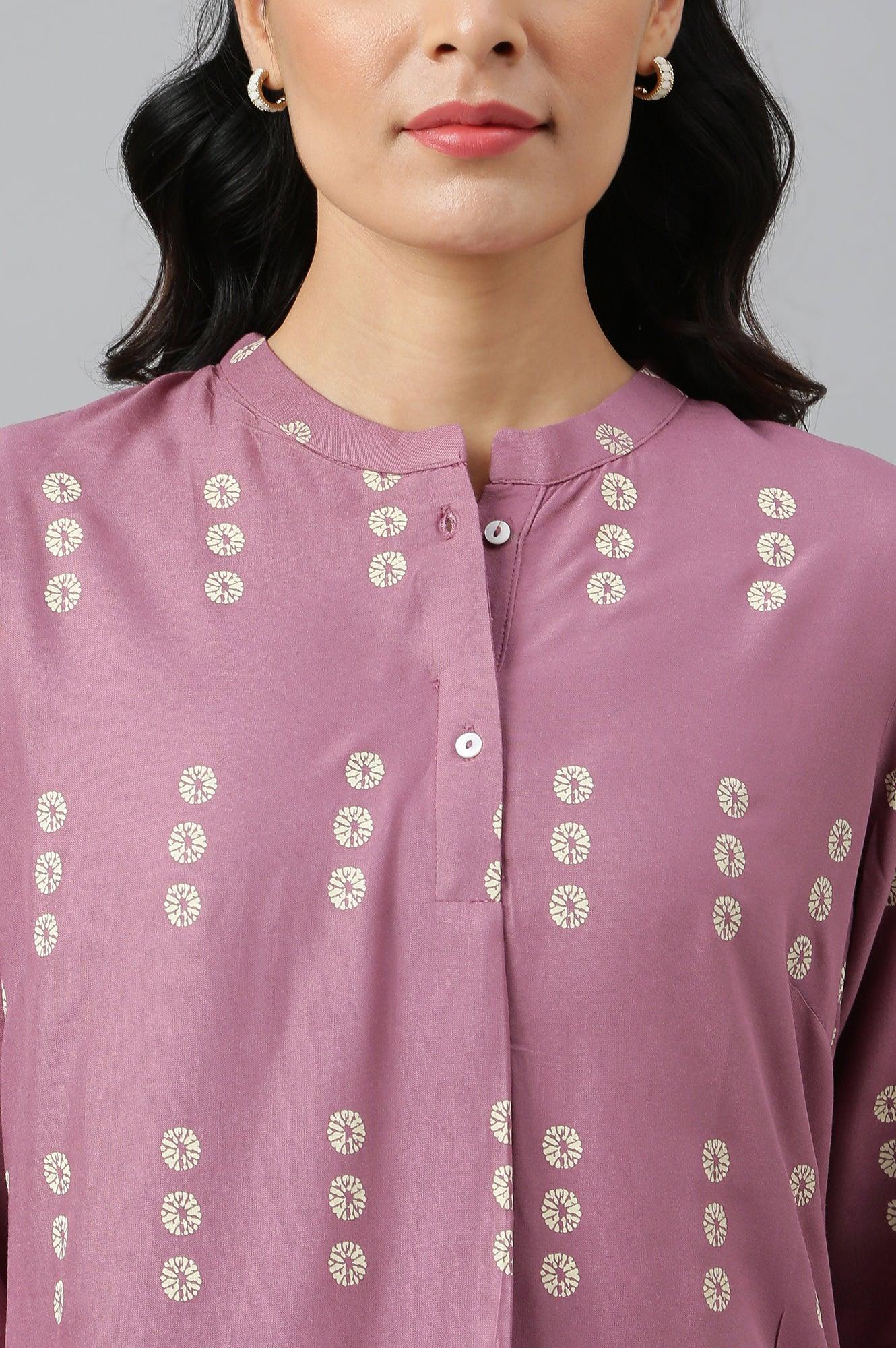 Purple Asymmetric Hemline kurta In Mandarin Collar - wforwoman