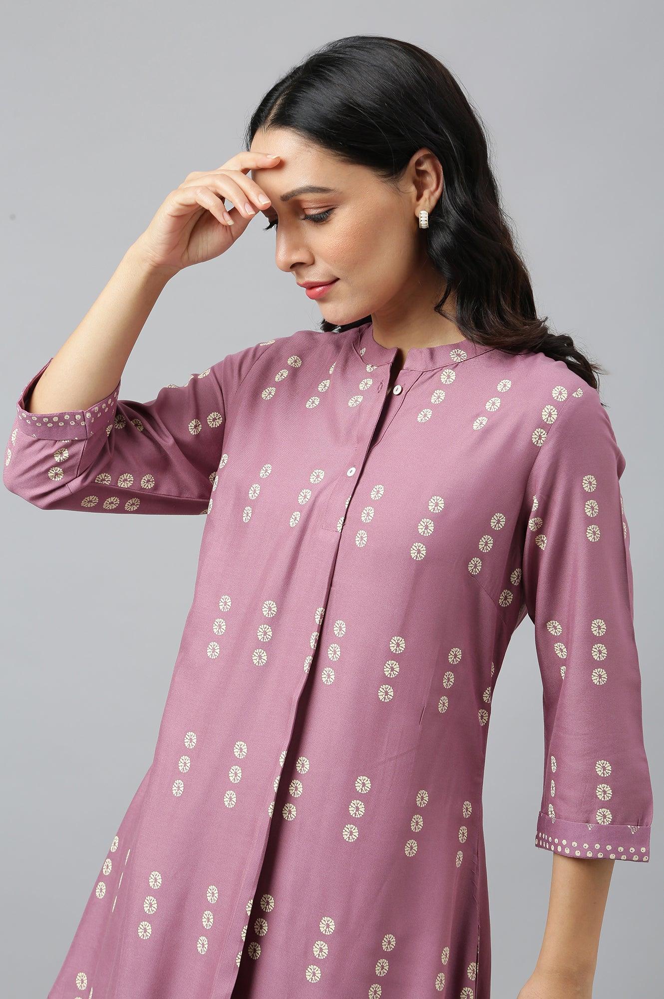 Purple Asymmetric Hemline kurta In Mandarin Collar - wforwoman