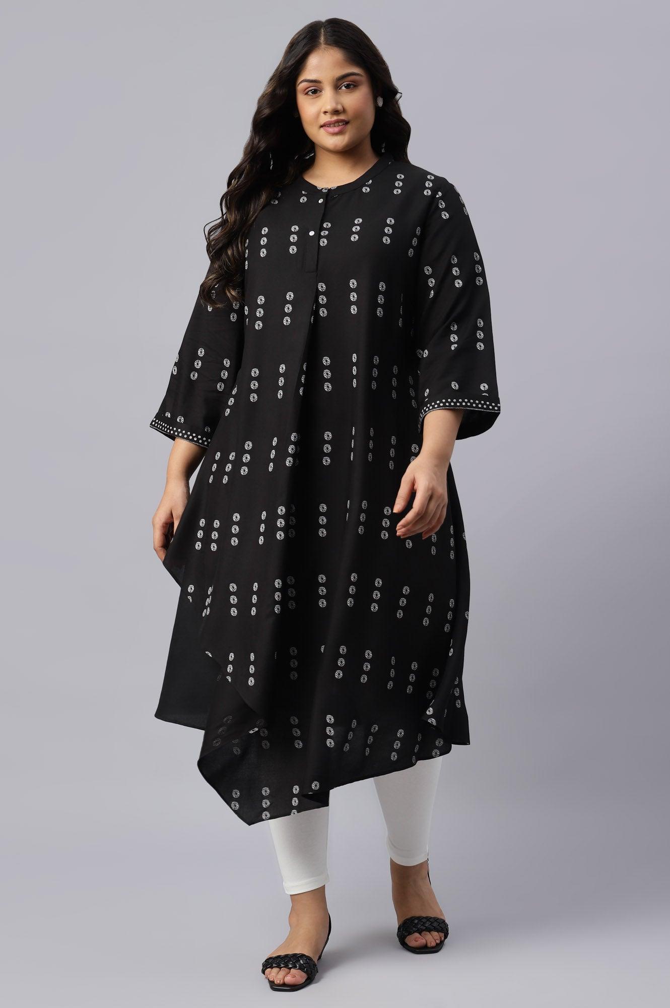 Plus Size Black Rayon A-Line kurta With Asymmetric Hemline - wforwoman