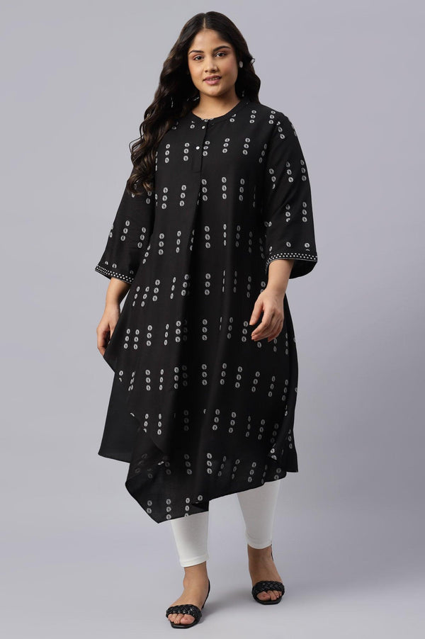 Plus Size Black Rayon A-Line kurta With Asymmetric Hemline