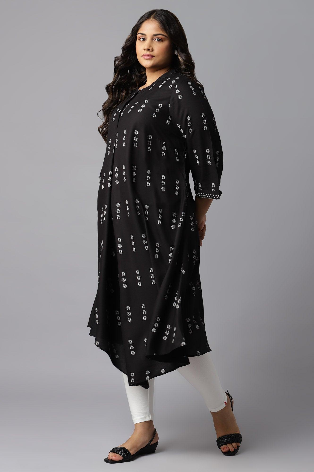Plus Size Black Rayon A-Line kurta With Asymmetric Hemline - wforwoman