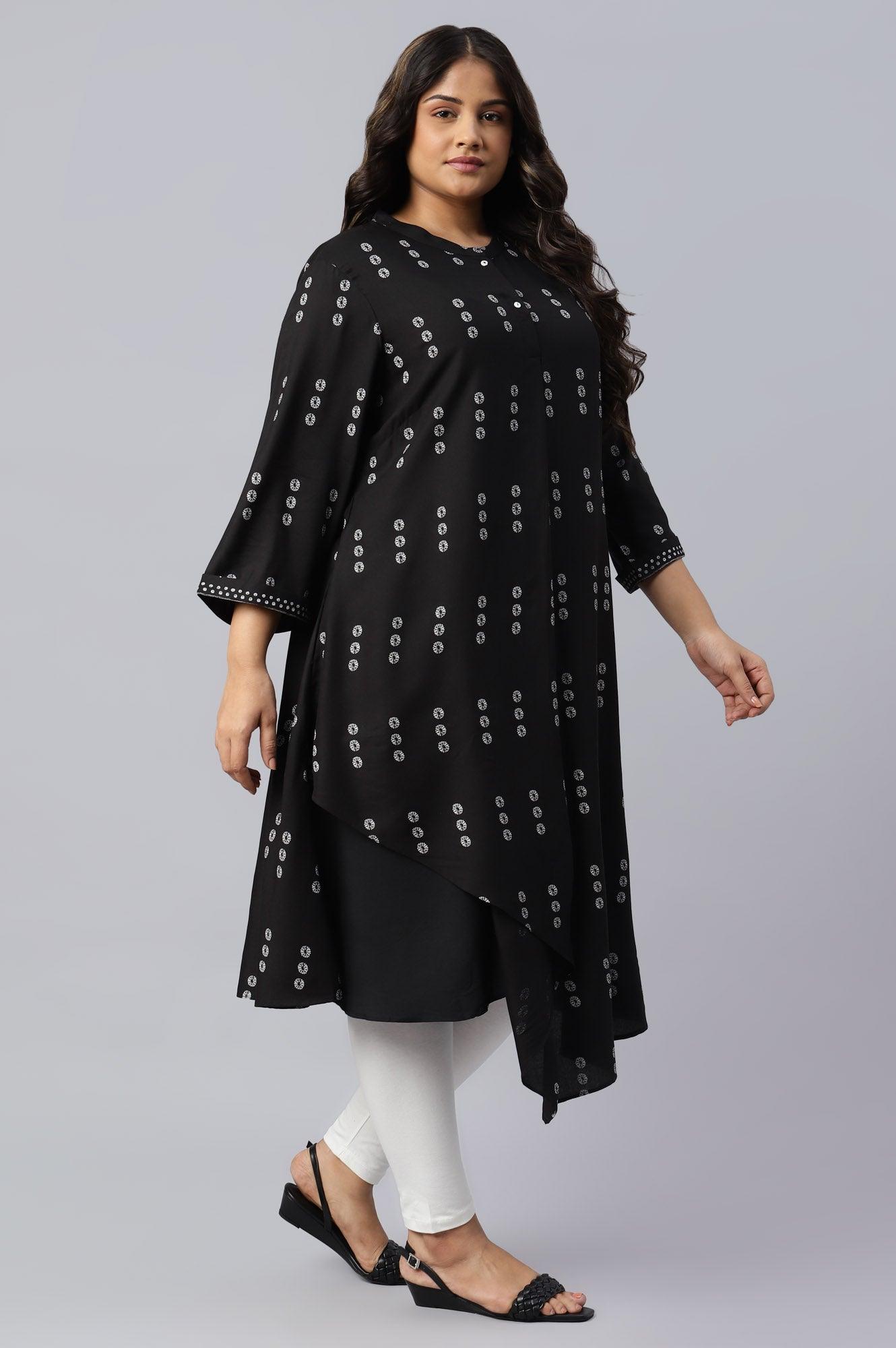Plus Size Black Rayon A-Line kurta With Asymmetric Hemline - wforwoman