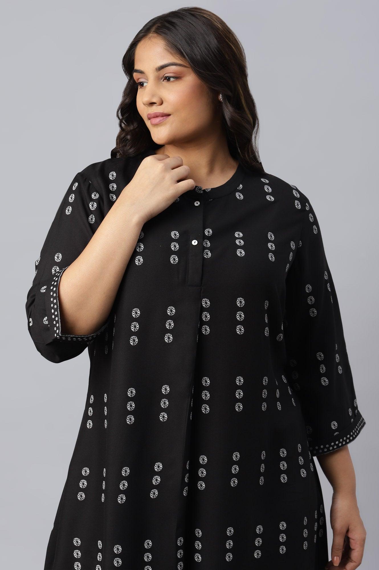 Plus Size Black Rayon A-Line kurta With Asymmetric Hemline - wforwoman