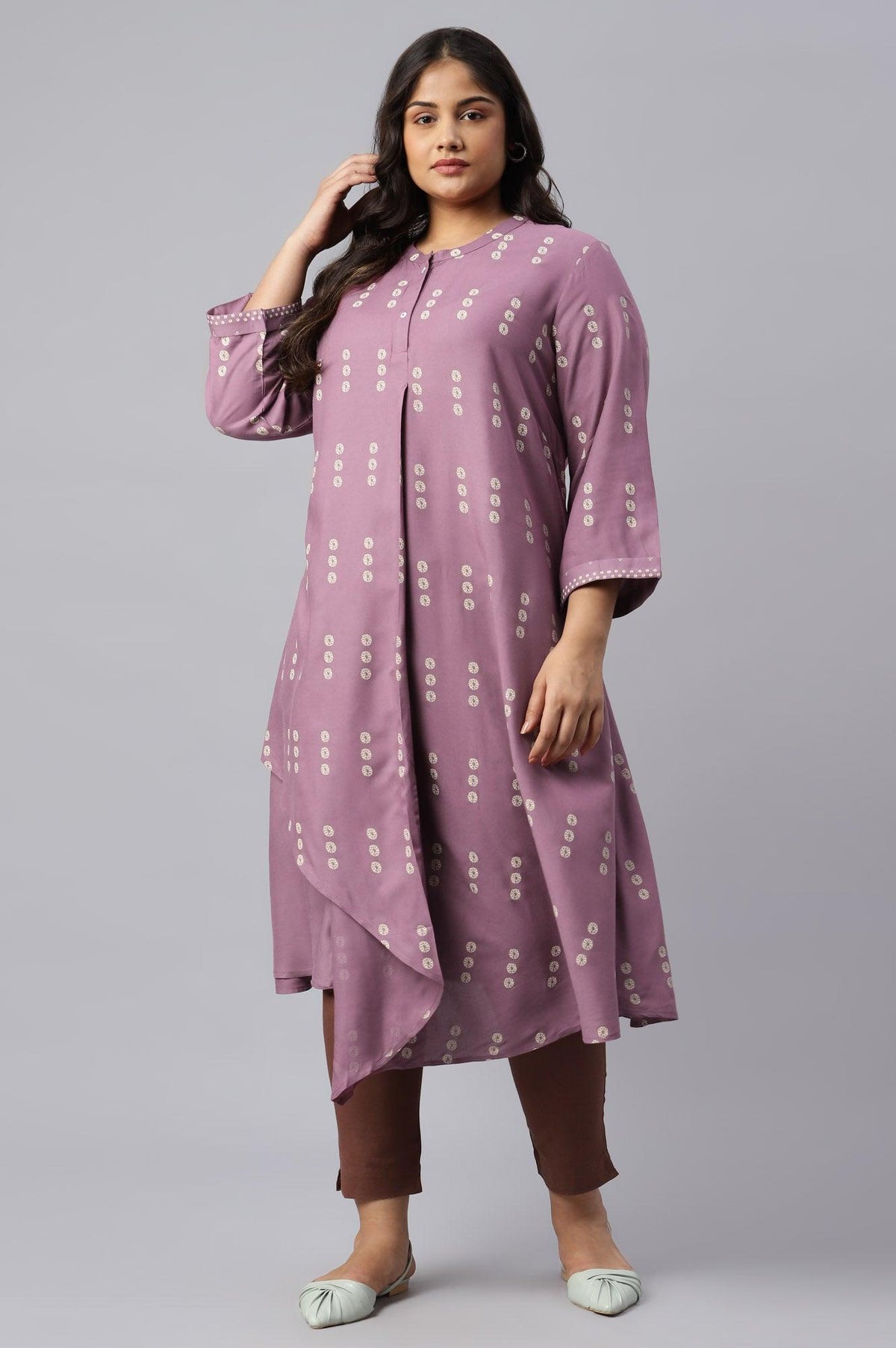 Plus Size Purple Asymmetric Hemline kurta In Mandarin Collar - 20