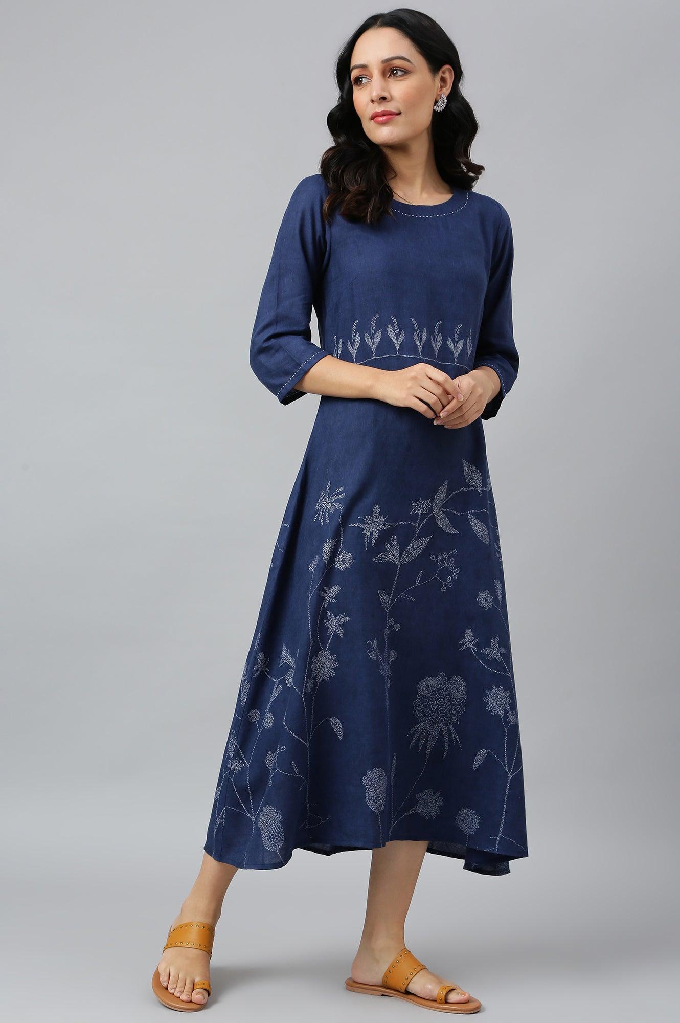 Dark Blue Floral kurta With Kantha Details - wforwoman