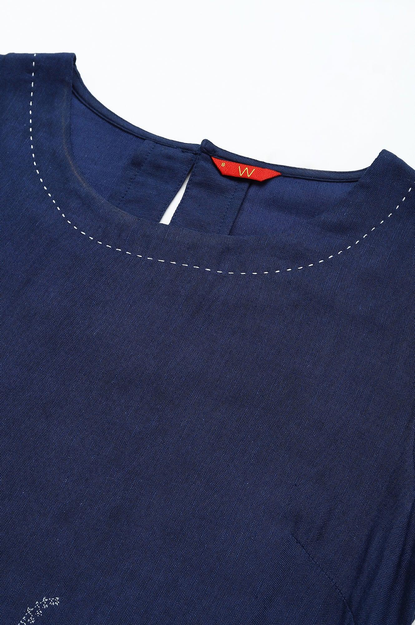 Dark Blue Floral kurta With Kantha Details - wforwoman