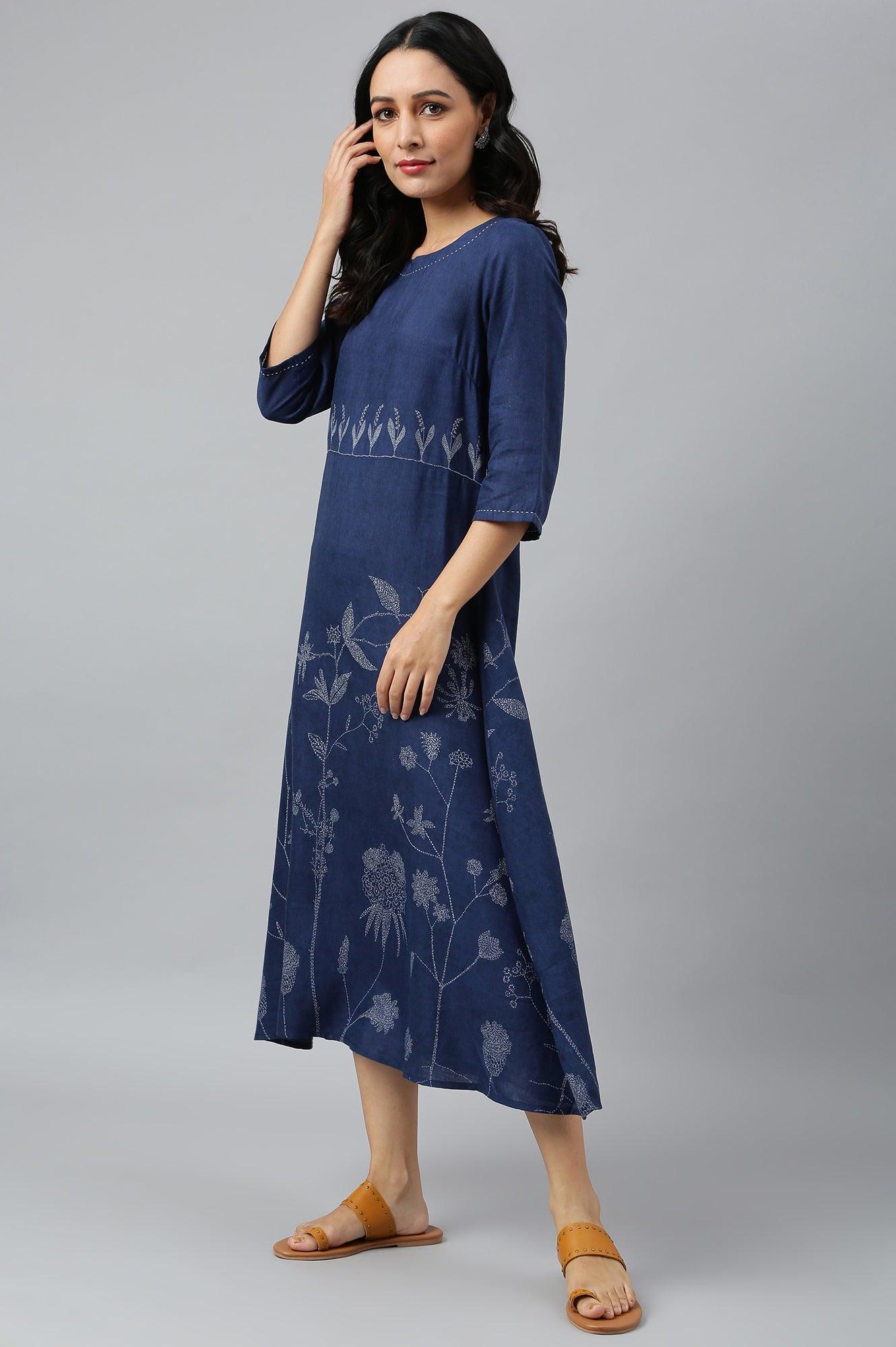 Dark Blue Floral kurta With Kantha Details - wforwoman
