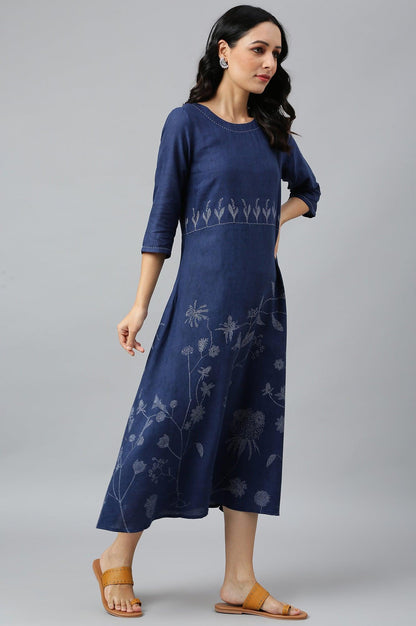 Dark Blue Floral kurta With Kantha Details - wforwoman