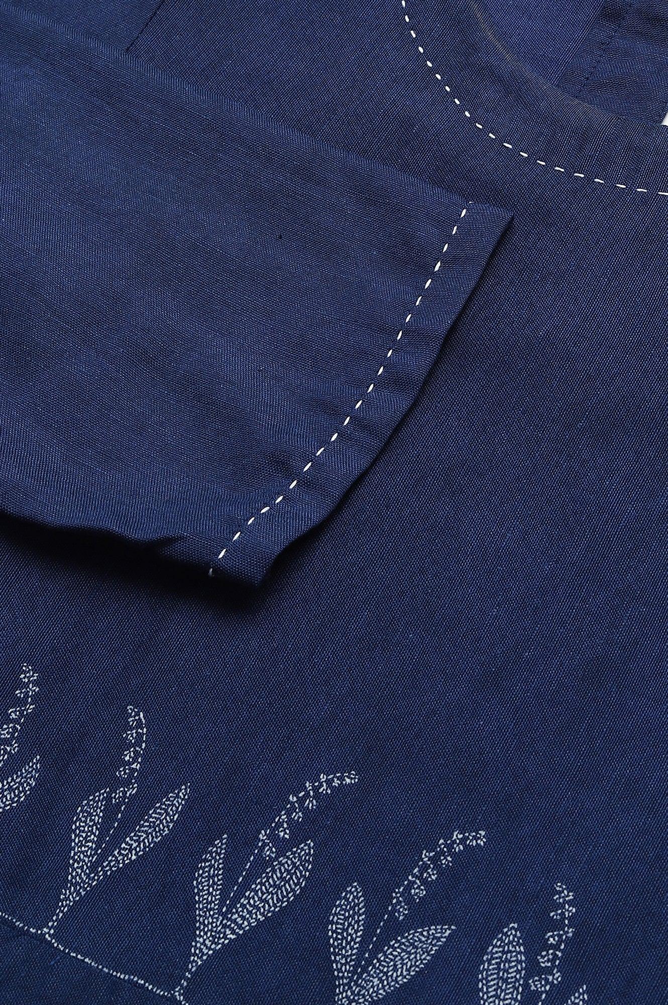 Dark Blue Floral kurta With Kantha Details - wforwoman