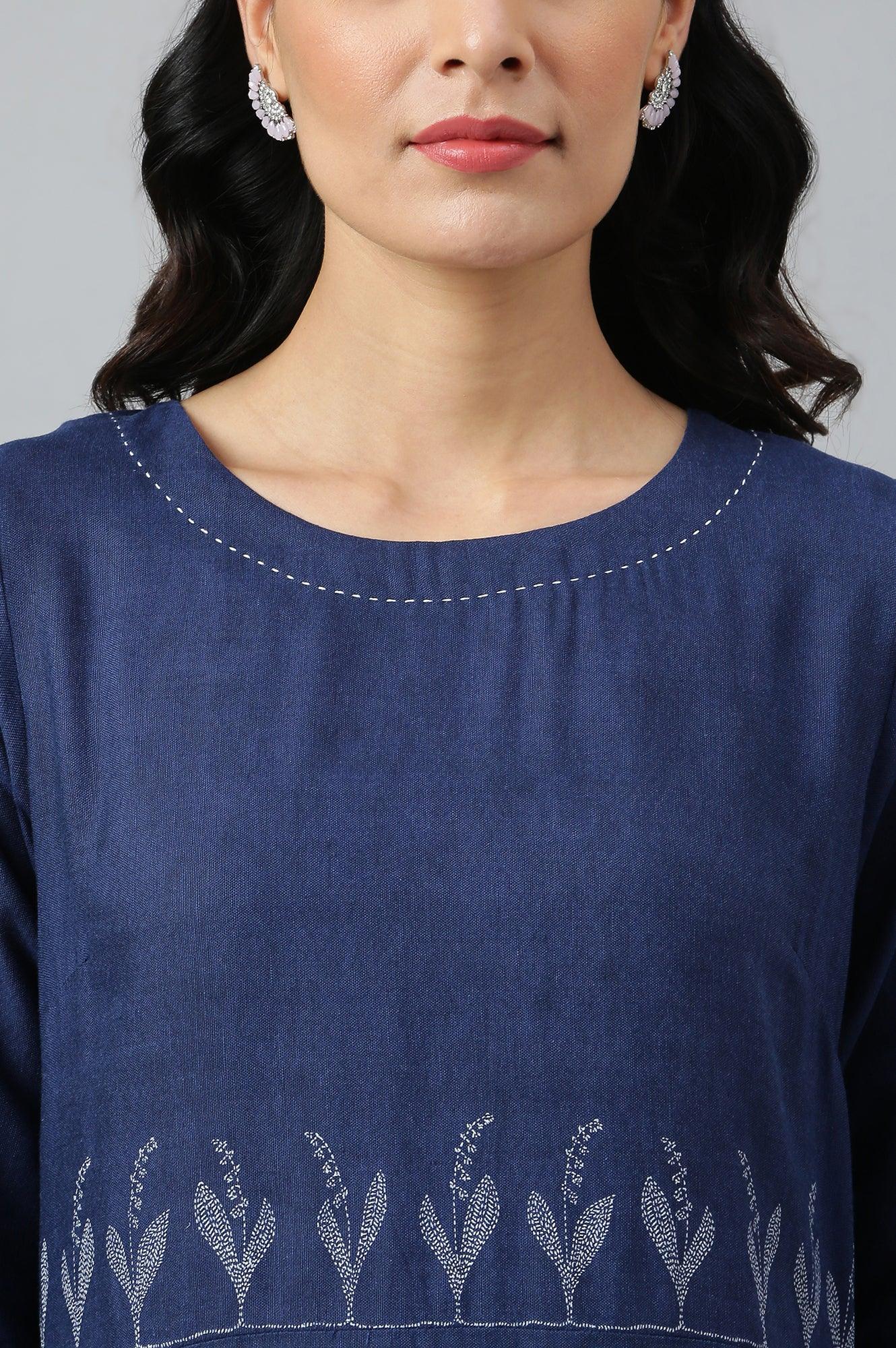 Dark Blue Floral kurta With Kantha Details - wforwoman