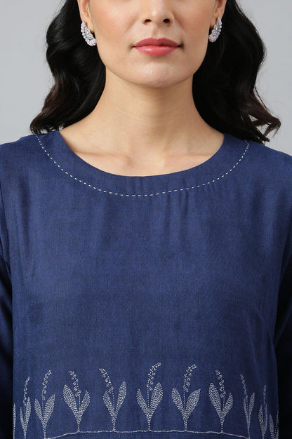 Dark Blue Floral kurta With Kantha Details - wforwoman