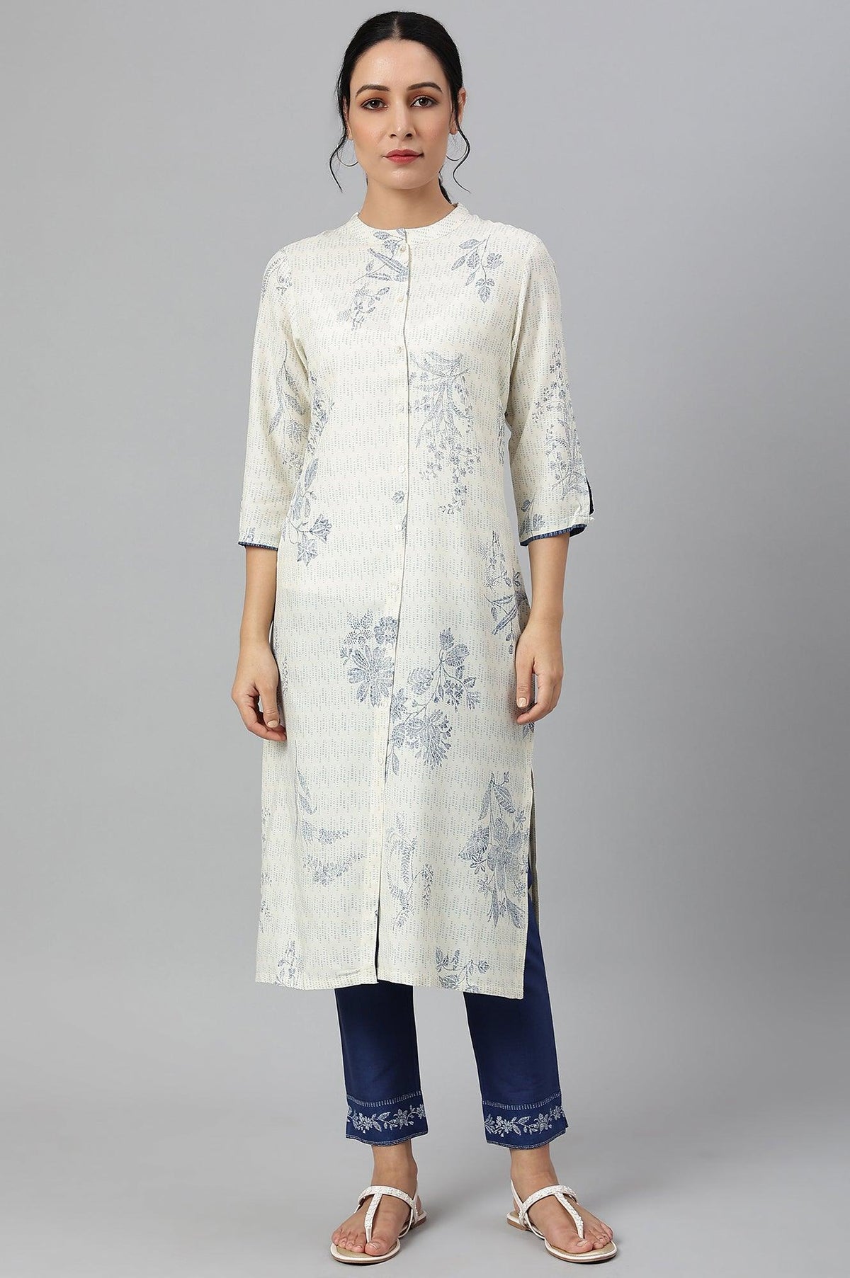 Ecru And Blue Button Down kurta - XS