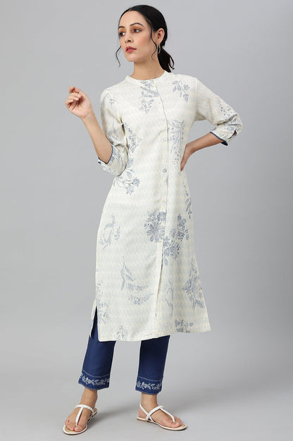 Ecru And Blue Button Down kurta - wforwoman