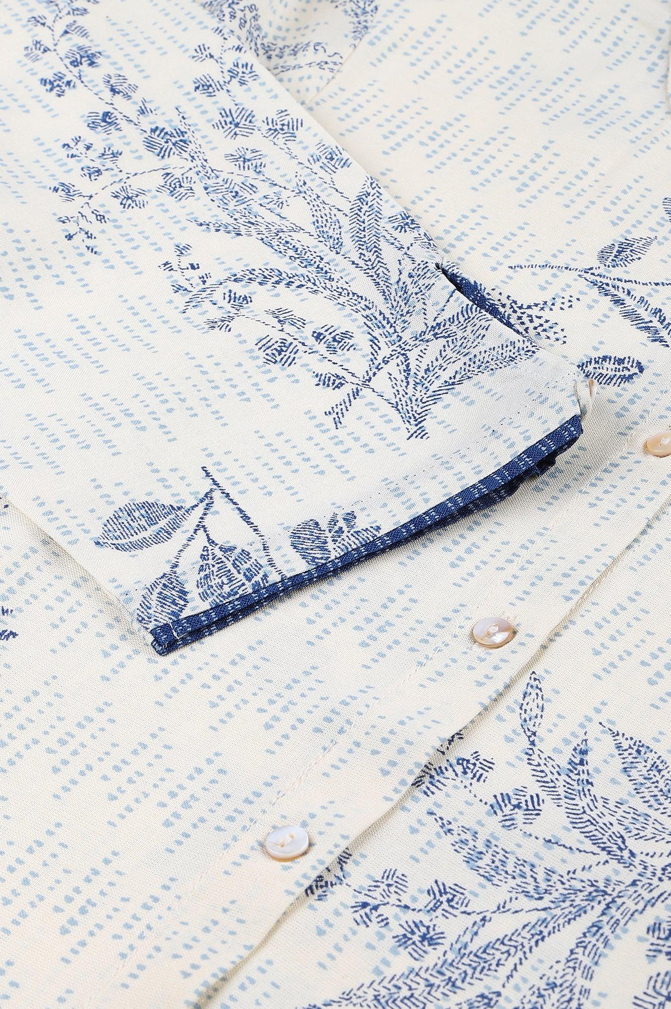 Ecru And Blue Button Down kurta - wforwoman