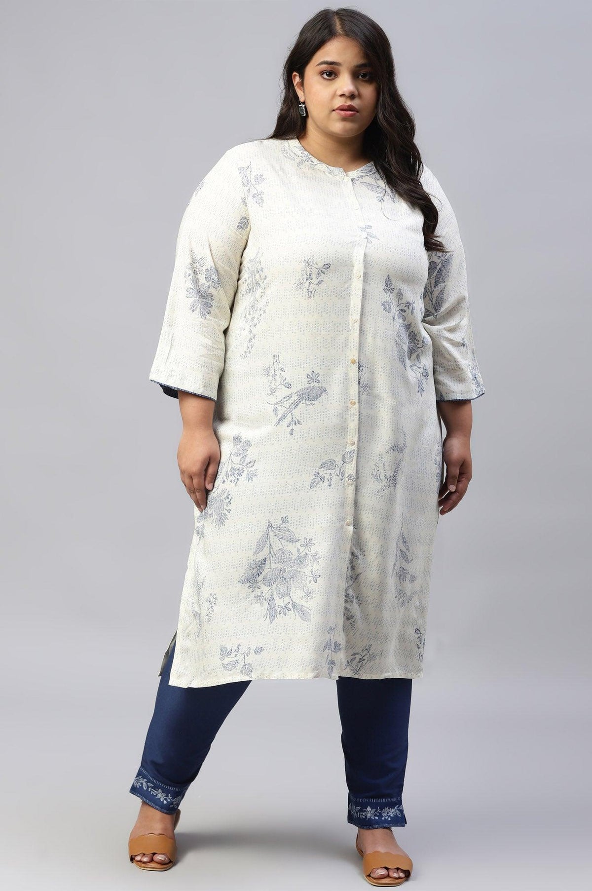 Plus Size Ecru And Blue Button Down kurta - XS