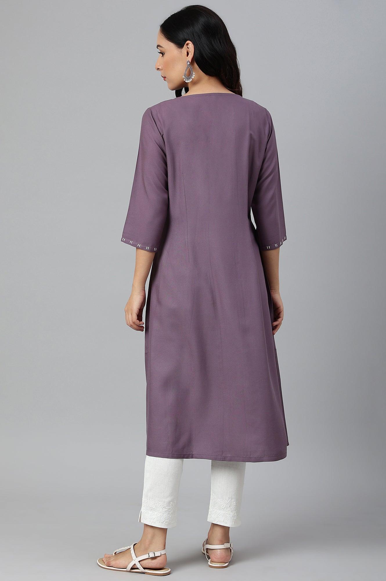 Purple Floral Print kurta With Godets - wforwoman