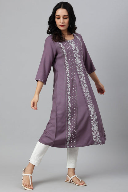 Purple Floral Print kurta With Godets - wforwoman