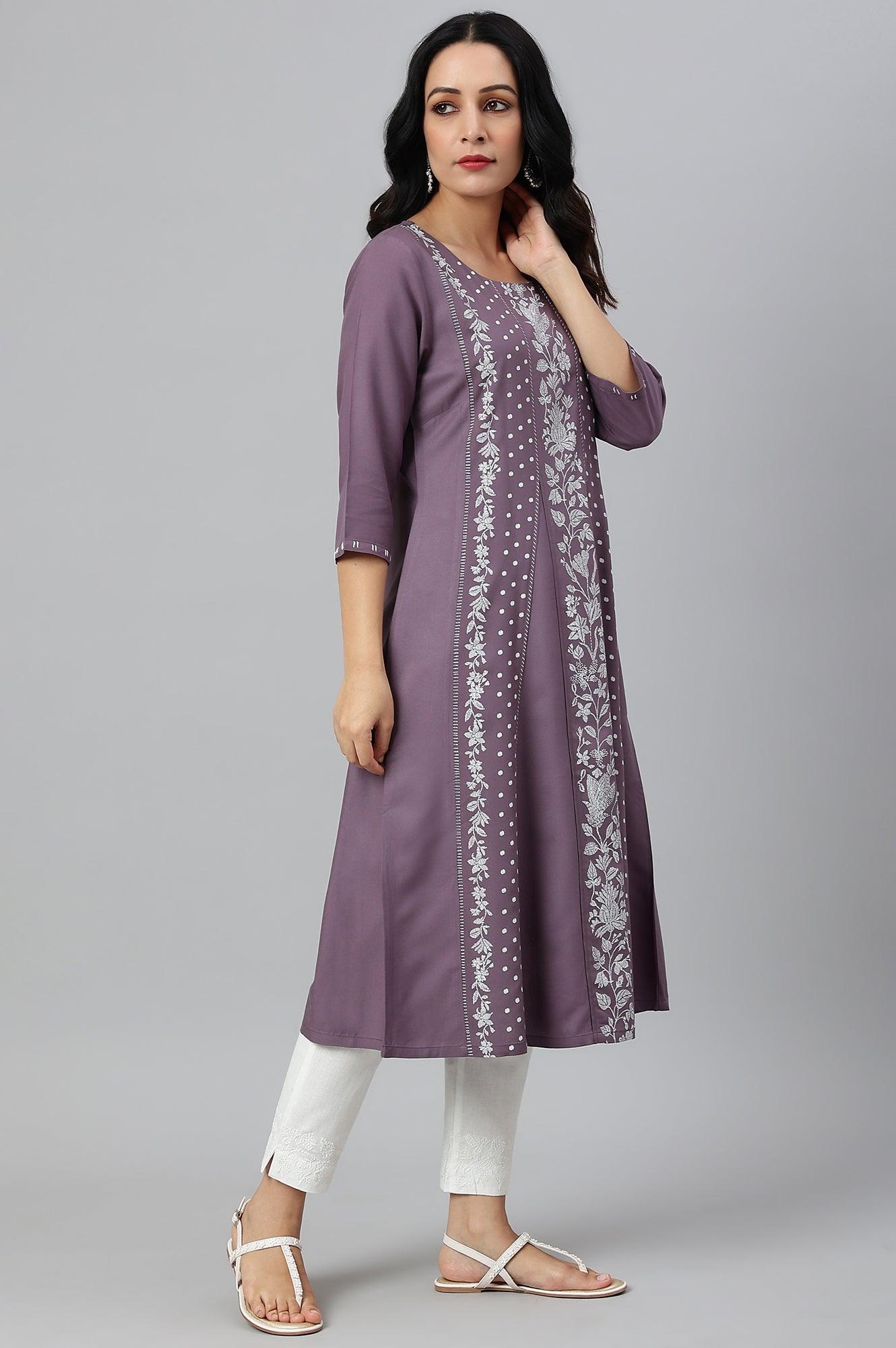 Purple Floral Print kurta With Godets - wforwoman