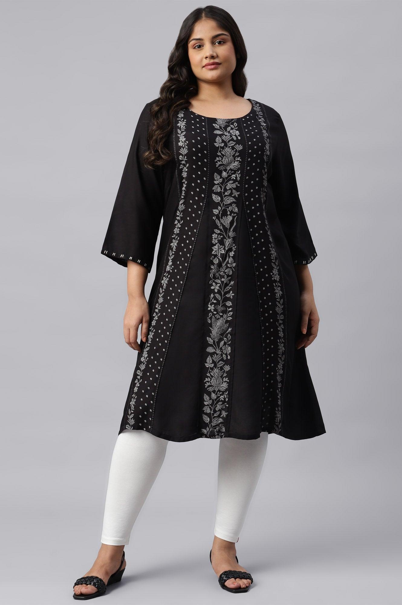 Plus Size Black Floral Print Round Neck kurta With Godets - wforwoman