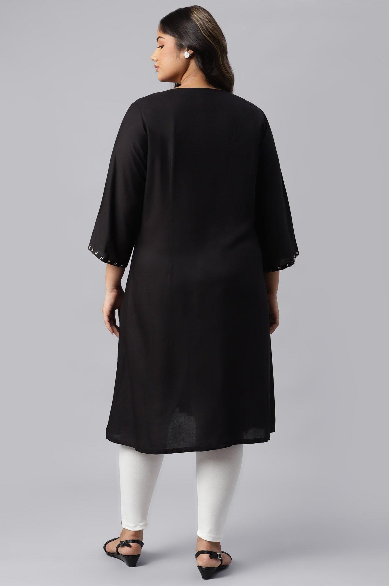 Plus Size Black Floral Print Round Neck kurta With Godets - wforwoman