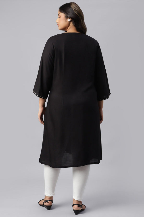 Plus Size Black Floral Print Round Neck kurta With Godets