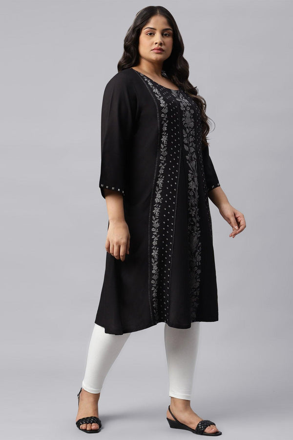Plus Size Black Floral Print Round Neck kurta With Godets