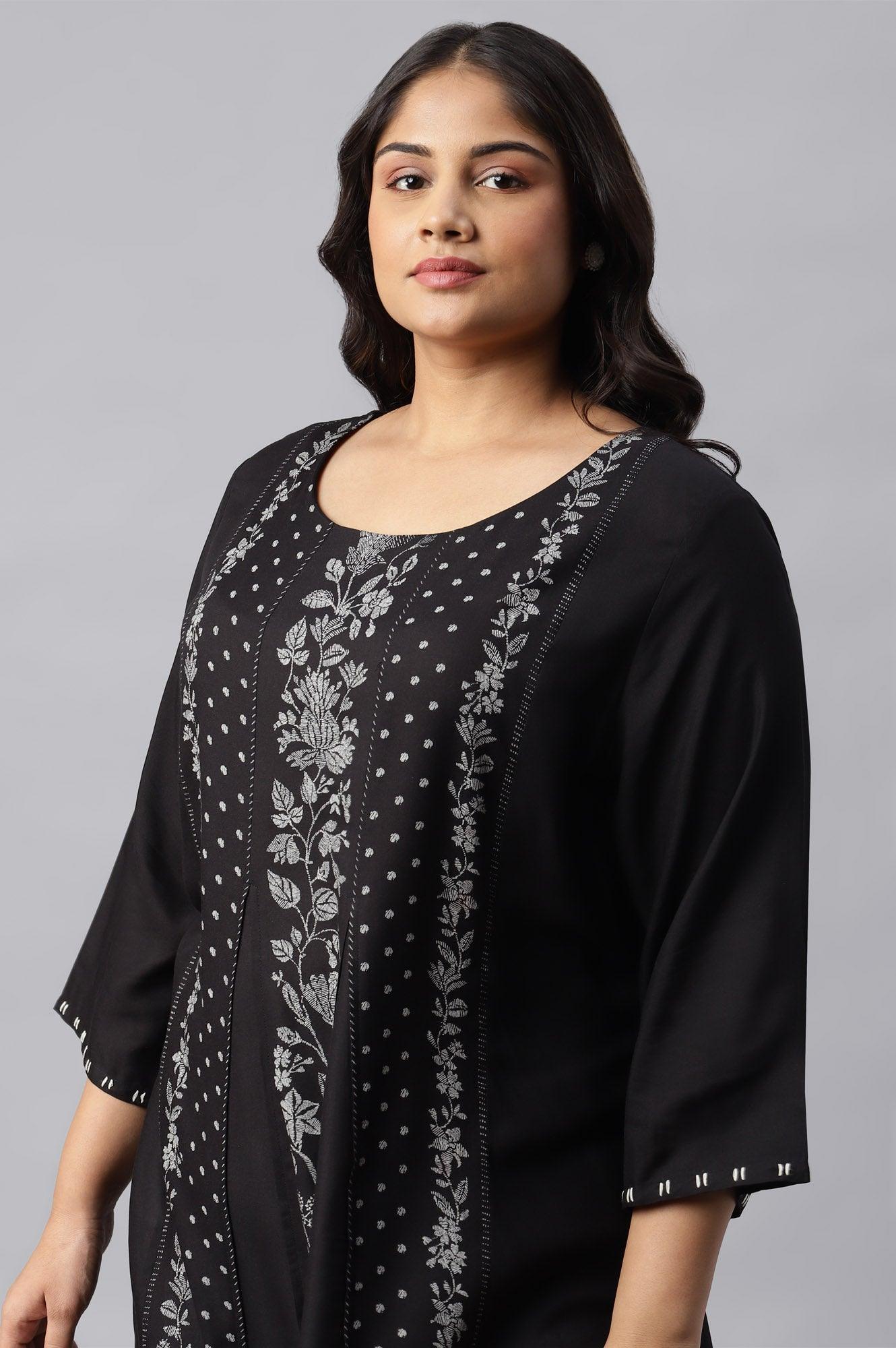 Plus Size Black Floral Print Round Neck kurta With Godets - wforwoman