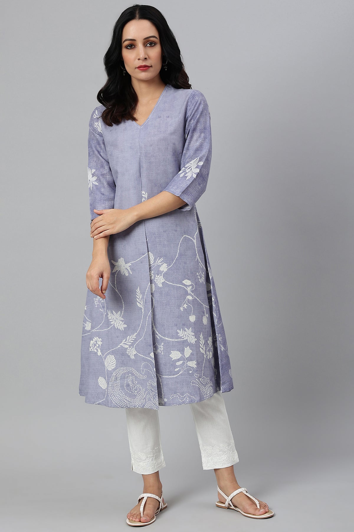Blue Floral Print V-Neck kurta - XS