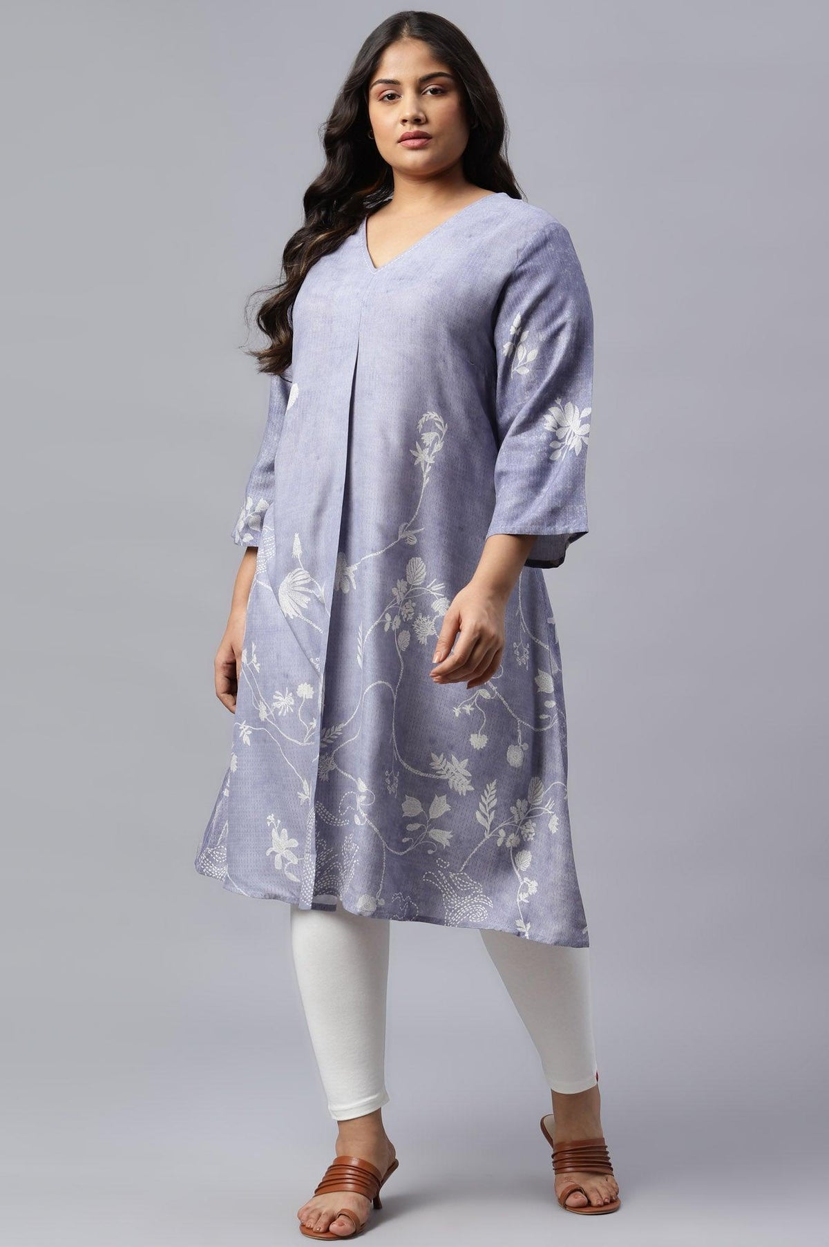 Plus Size Blue Floral Print V-Neck kurta - 20