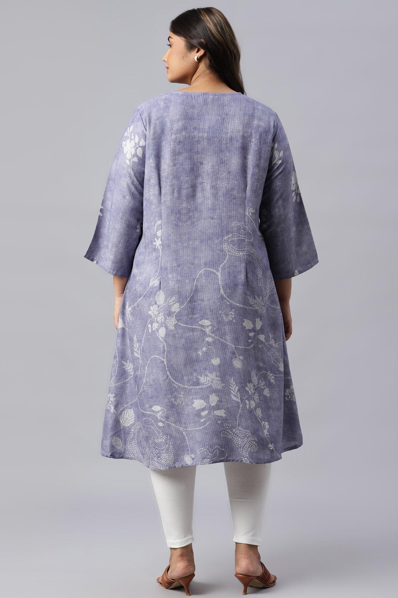 Plus Size Blue Floral Print V-Neck kurta - wforwoman