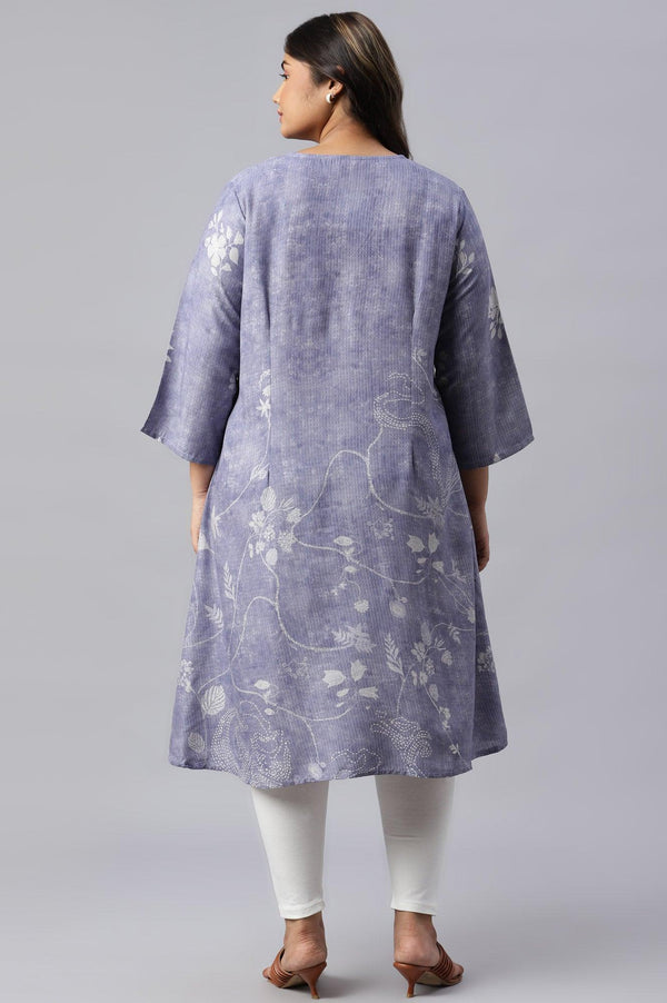 Plus Size Blue Floral Print V-Neck kurta