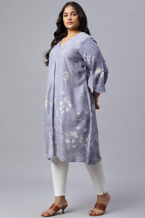 Plus Size Blue Floral Print V-Neck kurta
