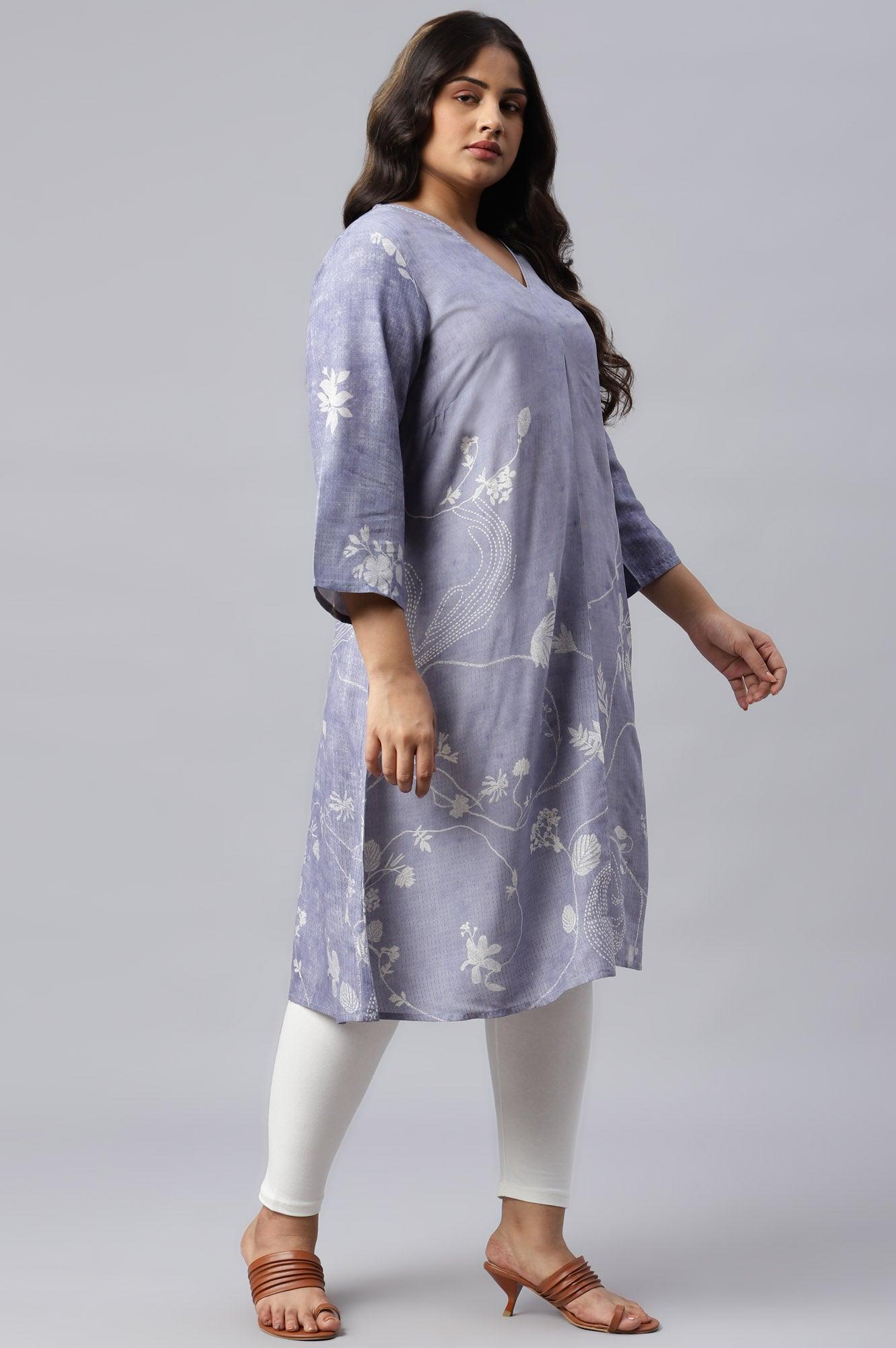 Plus Size Blue Floral Print V-Neck kurta - wforwoman