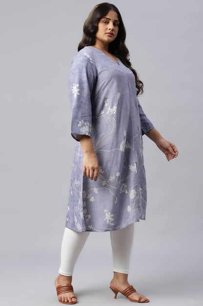 Plus Size Blue Floral Print V-Neck kurta - wforwoman