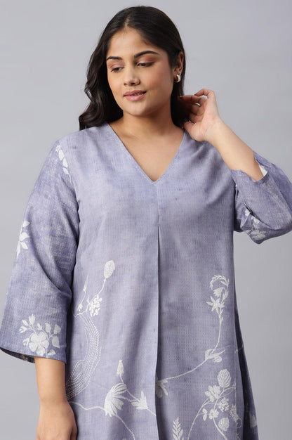 Plus Size Blue Floral Print V-Neck kurta - wforwoman