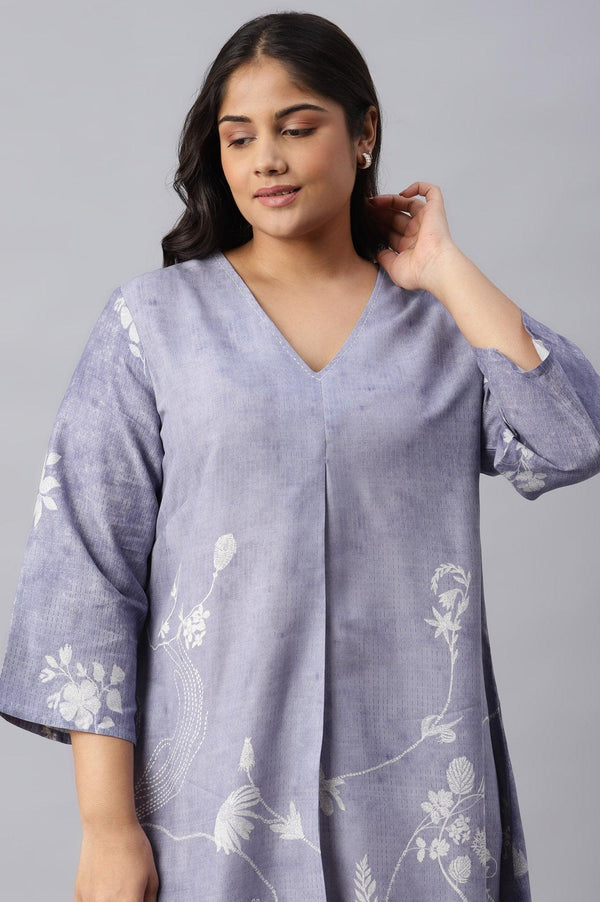 Plus Size Blue Floral Print V-Neck kurta