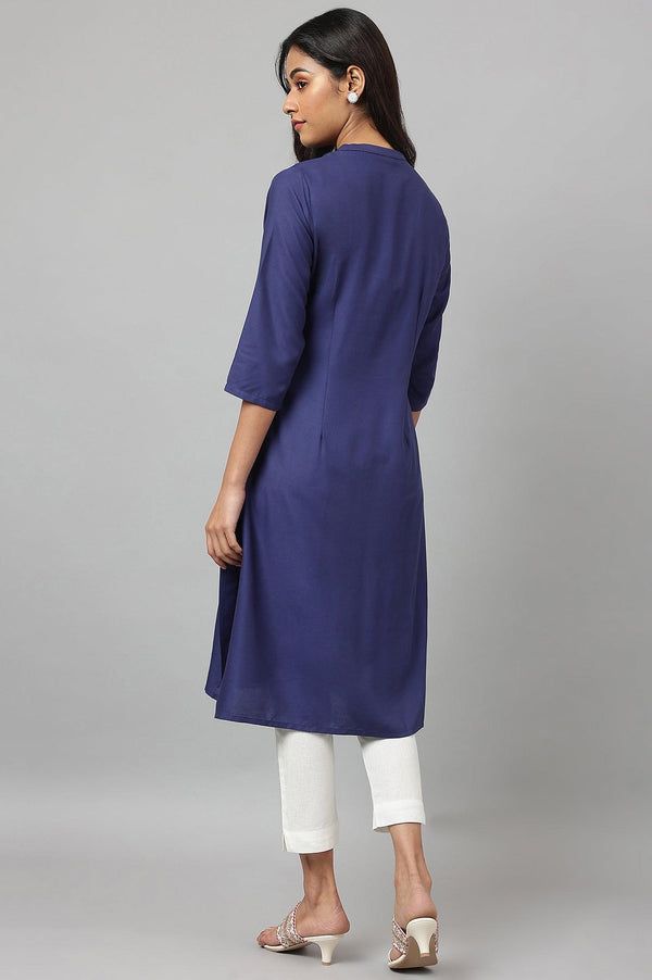 Dark Blue Embroidered kurta With Pleats