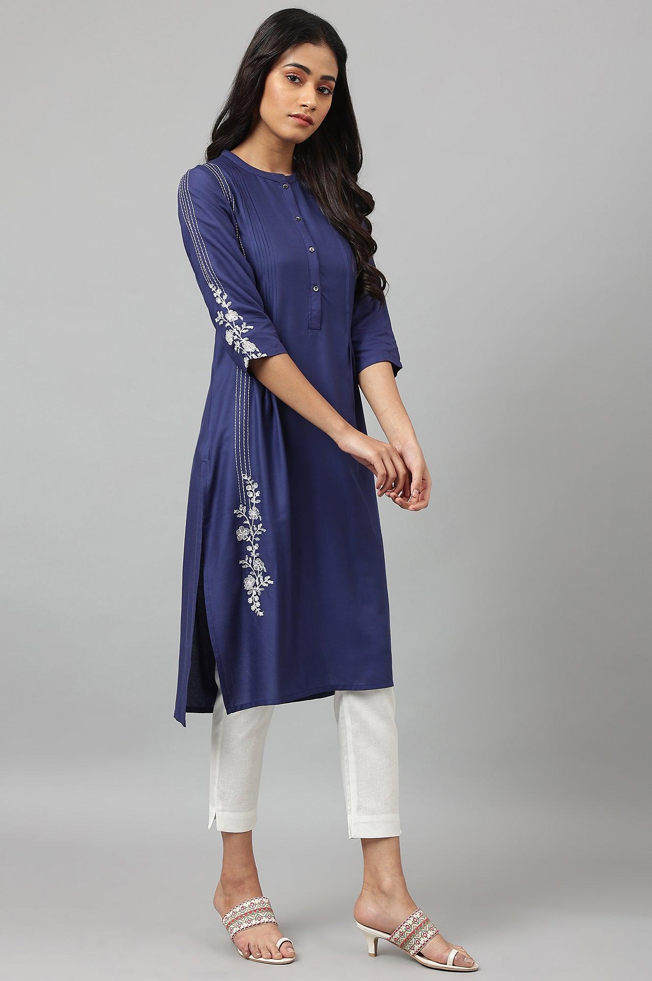 Dark Blue Embroidered kurta With Pleats - wforwoman