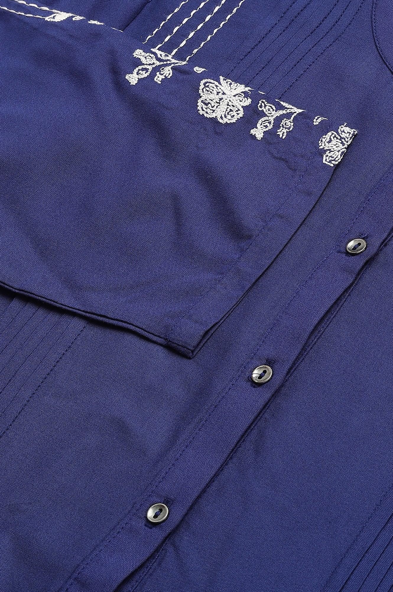 Dark Blue Embroidered kurta With Pleats - wforwoman