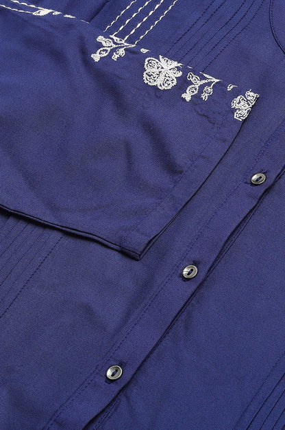 Dark Blue Embroidered kurta With Pleats - wforwoman