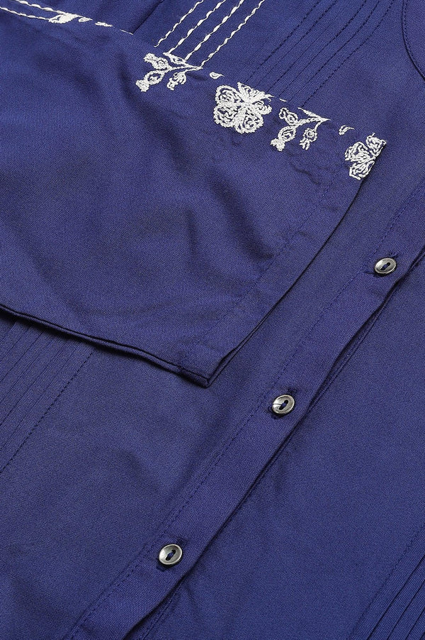 Dark Blue Embroidered kurta With Pleats